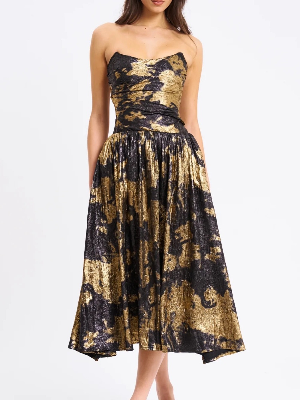 Miss Circle Saanvi Gold Tie Dye Bronzing Strapless Drop Waist Midi Dress
